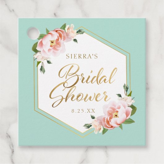 Rouge Roze Mintgroen Goud Geometrische Bruidsdouch Bedankjes Labels (Voorkant)