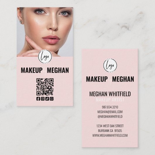 Rouge Roze Modern Logo QR Code Foto Make-up Zakeli Visitekaartje (Voorkant / Achterkant)