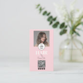 Rouge Roze Schrift Logo QR Code Foto Kapper Visitekaartje (Staand voorkant)