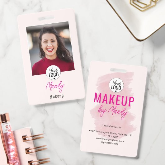 Rouge Roze Script Logo Foto Make-up Badge (Kantoor)