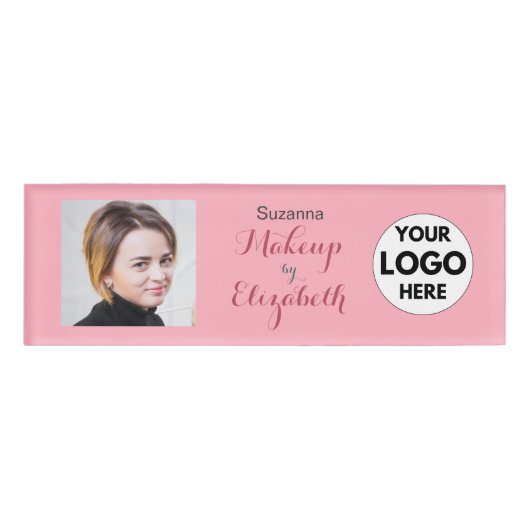 Rouge Roze Script Logo Foto Make-up Naambadge (Voorkant)