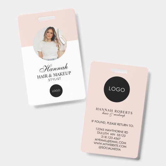 Rouge Roze Script Logo Haar Foto Make-up Badge (Voor- en achterkant)
