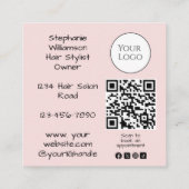 Rouge Roze Script Logo QR Code Foto Kapsalon Vierkante Visitekaartje (Achterkant)