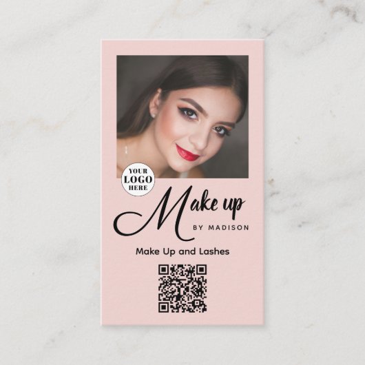 Rouge Roze Script Logo QR Code Foto Make-up Visitekaartje (Voorkant)