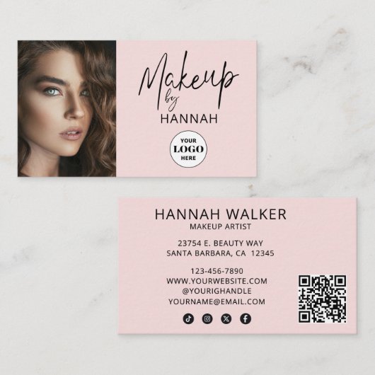 Rouge Roze Script Logo QR Code Foto Make-up Visitekaartje (Voorkant / Achterkant)