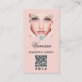 Rouge Roze Script Logo QR Code Foto Make-up Visitekaartje (Voorkant)