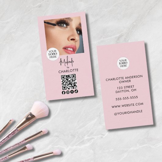 Rouge Roze Script Logo QR Code Foto Make-up Visitekaartje