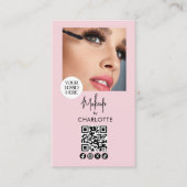 Rouge Roze Script Logo QR Code Foto Make-up Visitekaartje (Voorkant)