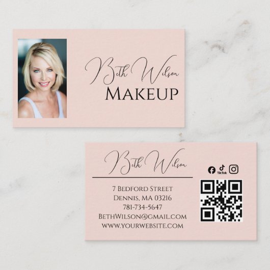 Rouge Roze Script Sociaal Icoon QR Code Foto Make- Visitekaartje (Voorkant / Achterkant)
