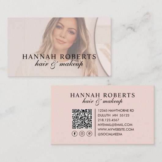 Rouge Roze Script Sociale QR Code Foto Haar Make-u Visitekaartje (Voorkant / Achterkant)