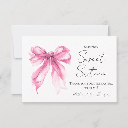 Rouge Roze Strik Verleidelijke Script Sweet 16 Bed Bedankkaart (Voorkant)