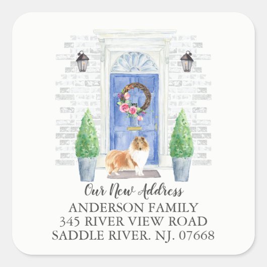 Rough Collie Blue Door Nieuw Adres Label Sticker (Voorkant)