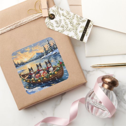 Rough Collie Christmas Boat Holiday Vierkante Sticker (Geschenken)