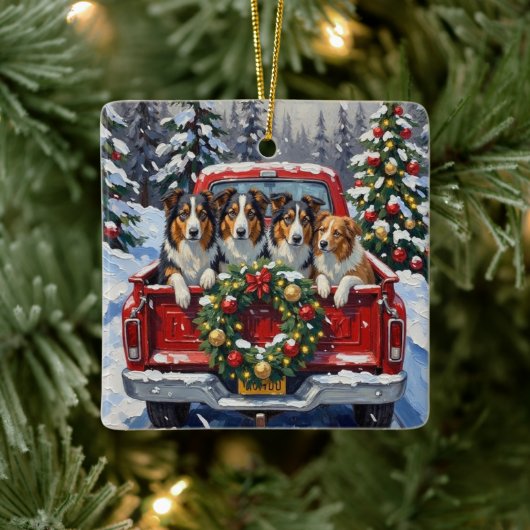 Rough Collie Christmas Red Truck Holiday Keramisch Ornament (Boom)