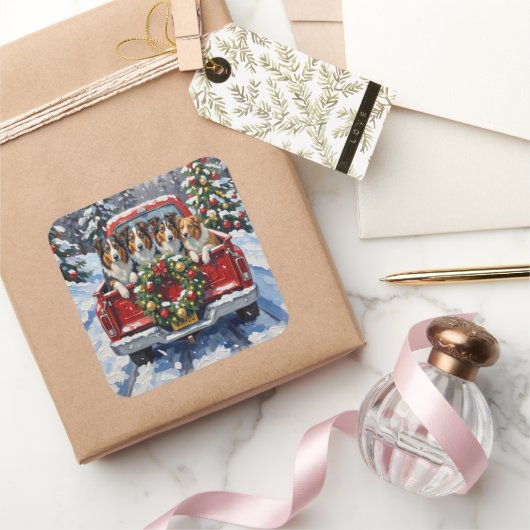 Rough Collie Christmas Red Truck Holiday Vierkante Sticker (Geschenken)