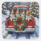 Rough Collie Christmas Red Truck Holiday Vierkante Sticker (Voorkant)