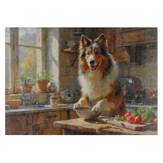 Rough Collie Cooking in Kitchen Snijplank (Voorkant)
