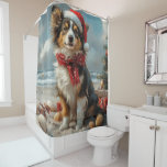 Rough Collie Dog Christmas  Beach Douchegordijn<br><div class="desc">Breng de warmte van de feestdagen naar de kust met dit charmante, op vintages geïnspireerde ontwerp met een feestelijke hond die op een sereen strand zit. Met een klassieke vakantietoets van nostalgische tinten en kustvibes, vangt dit kunstwerk de magie van Kerstmis door het zee. Perfect voor het verspreiden van feestvreugde,...</div>