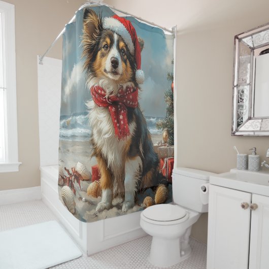 Rough Collie Dog Christmas Beach Douchegordijn (In situ)