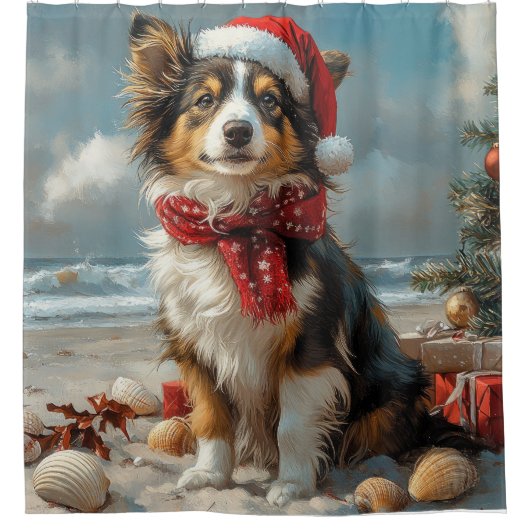 Rough Collie Dog Christmas Beach Douchegordijn (Voorkant)