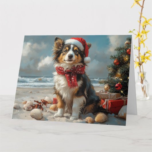 Rough Collie Dog Christmas  Beach Kaart (Gele Bloem)