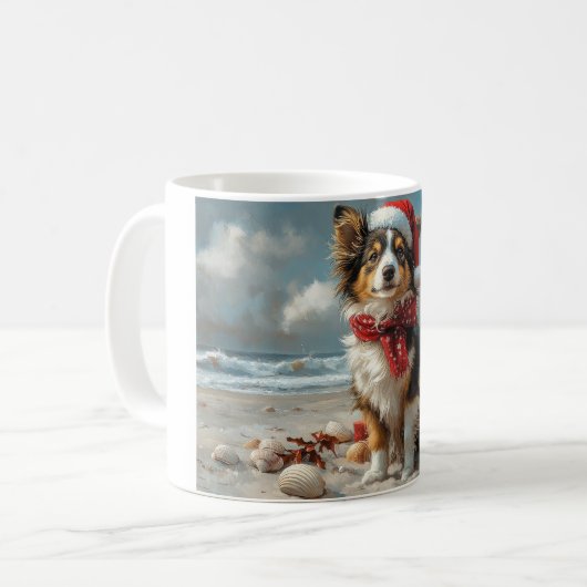 Rough Collie Dog Christmas  Beach Koffiemok (Voorkant links)