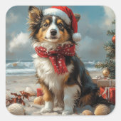 Rough Collie Dog Christmas  Beach Vierkante Sticker (Voorkant)