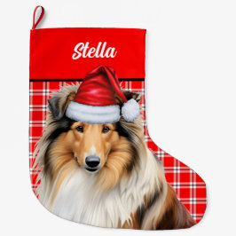 Rough Collie Dog Holiday Red Plaid Gepersonaliseer Grote Kerstsok