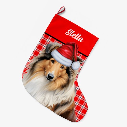 Rough Collie Dog Holiday Red Plaid Gepersonaliseer Grote Kerstsok (Voorkant (Hangend))