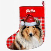Rough Collie Dog Holiday Red Plaid Gepersonaliseer Grote Kerstsok (Achterkant)