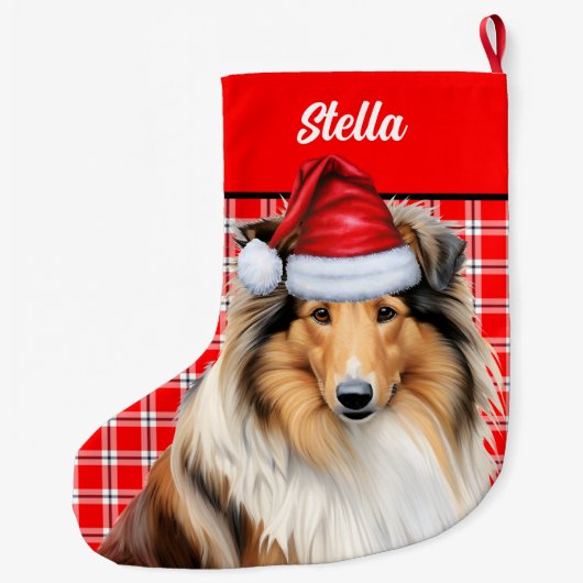 Rough Collie Dog Holiday Red Plaid Gepersonaliseer Grote Kerstsok (Achterkant)