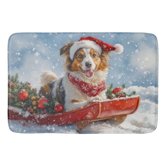 Rough Collie Dog in Sledge Laat het Sneeuw Kerstmi Badmat (Voorkant)