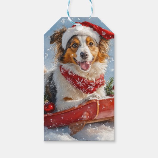 Rough Collie Dog in Sledge Laat het Sneeuw Kerstmi Cadeaulabel (Voorkant)