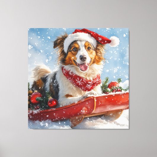 Rough Collie Dog in Sledge Laat het Sneeuw Kerstmi Canvas Afdruk (Voorkant)