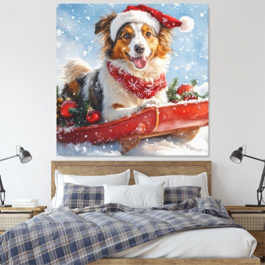 Rough Collie Dog in Sledge Laat het Sneeuw Kerstmi Canvas Afdruk (Insitu (Slaapkamer))