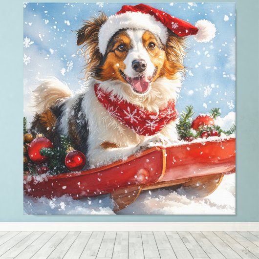 Rough Collie Dog in Sledge Laat het Sneeuw Kerstmi Canvas Afdruk (Insitu (Houten vloer))