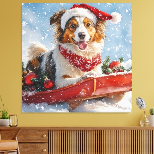 Rough Collie Dog in Sledge Laat het Sneeuw Kerstmi Canvas Afdruk (Insitu (Woonkamer))