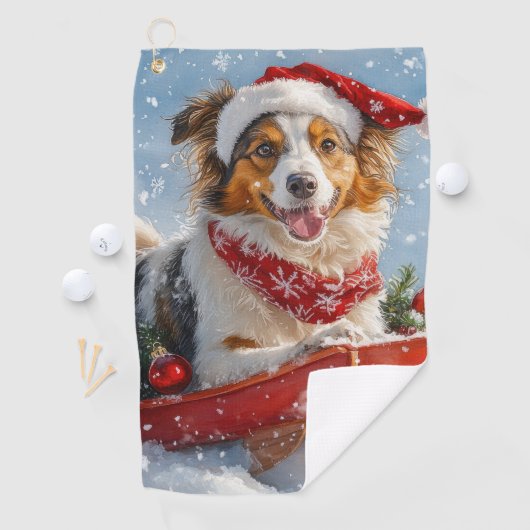 Rough Collie Dog in Sledge Laat het Sneeuw Kerstmi Golfhanddoek (Insitu)