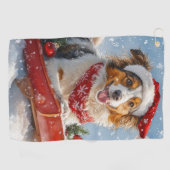 Rough Collie Dog in Sledge Laat het Sneeuw Kerstmi Golfhanddoek (Horizontaal)