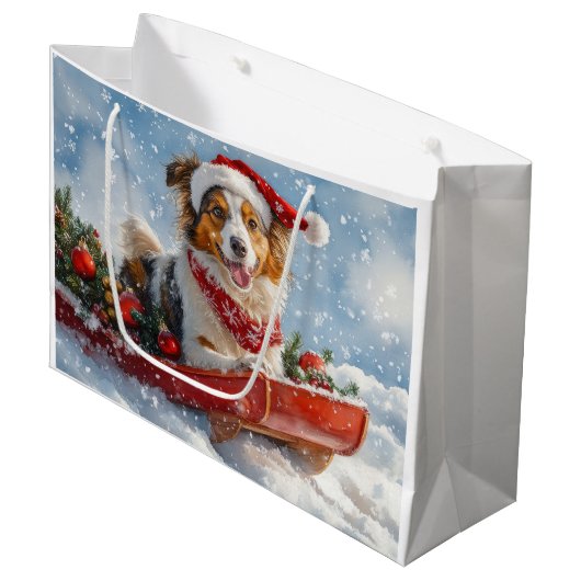 Rough Collie Dog in Sledge Laat het Sneeuw Kerstmi Groot Cadeauzakje (Voorkant Gekanteld)