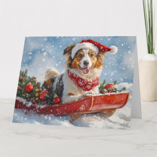 Rough Collie Dog in Sledge Laat het Sneeuw Kerstmi Kaart (Voorkant)