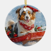 Rough Collie Dog in Sledge Laat het Sneeuw Kerstmi Keramisch Ornament (Voorkant)