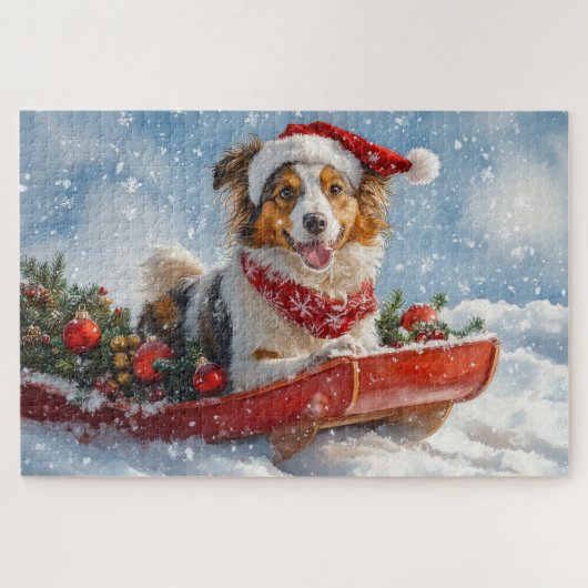 Rough Collie Dog in Sledge Laat het Sneeuw Kerstmi Legpuzzel (Horizontaal)