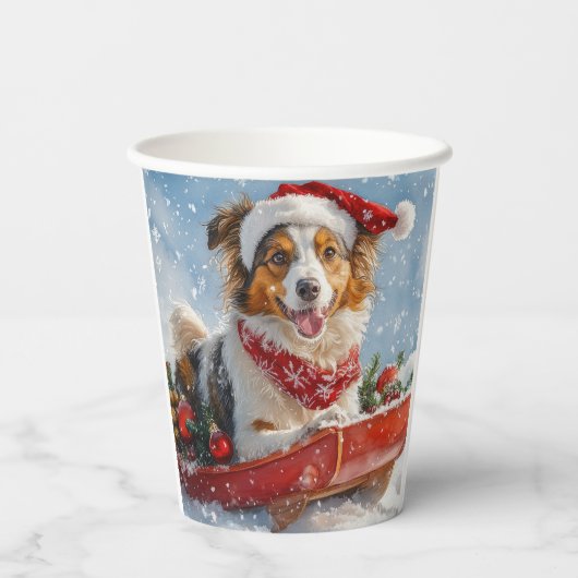 Rough Collie Dog in Sledge Laat het Sneeuw Kerstmi Papieren Bekers (Achterkant)