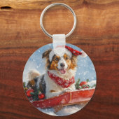 Rough Collie Dog in Sledge Laat het Sneeuw Kerstmi Sleutelhanger (Voorkant)