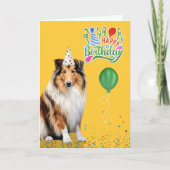 Rough Collie Dog Party Hat Yellow Birthday Kaart (Voorkant)
