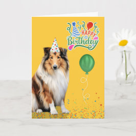 Rough Collie Dog Party Hat Yellow Birthday Kaart