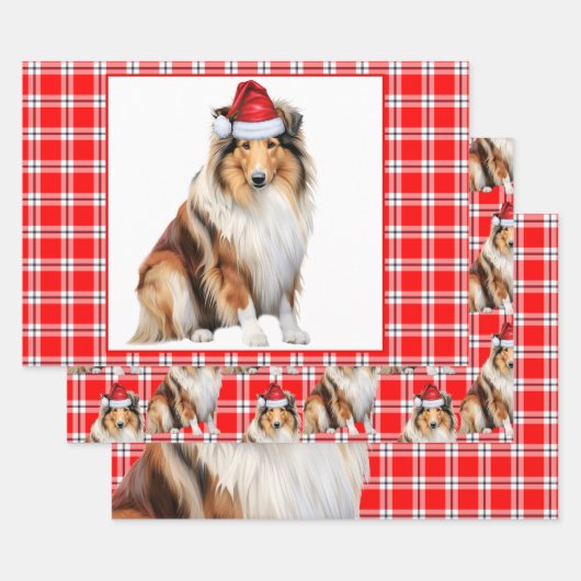 Rough Collie Dog Red Plaid Kerstmis Inpakpapier Vel (Set)