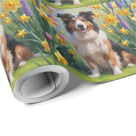 Rough Collie Dog Spring Bloemen Schilderen Cadeaupapier (Rol Hoek)