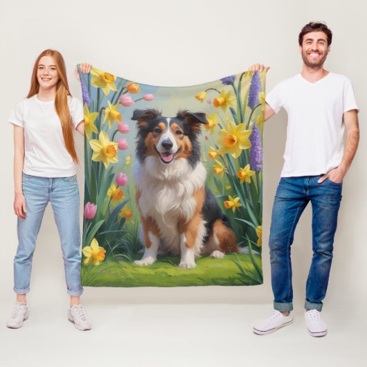 Rough Collie Dog Spring Bloemen Schilderen Fleece Deken (In situ)